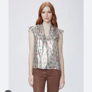 Paige Black Label Bette Metallic Silk Blend Blouse In Felt Blue Multi Size M